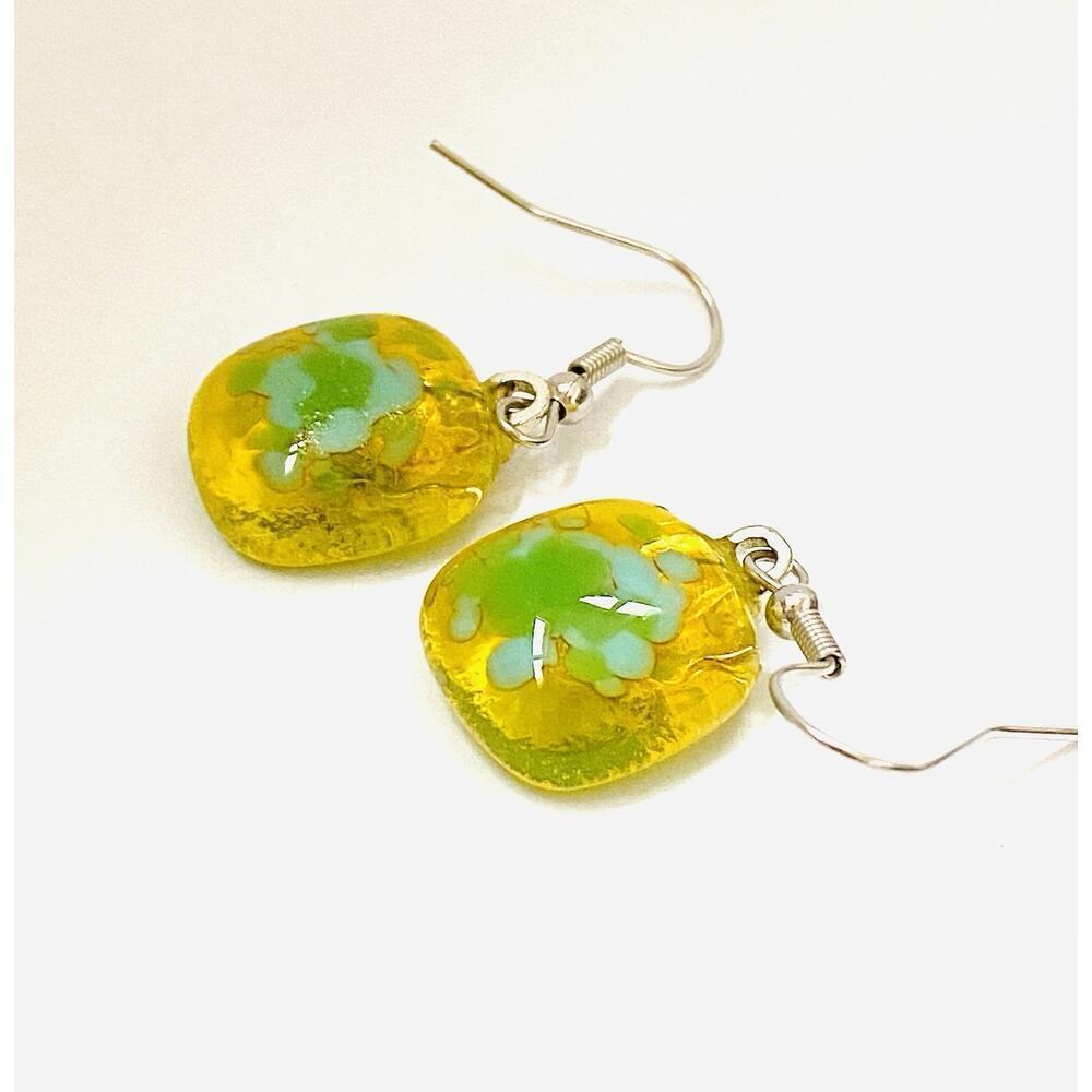 Earrings Dichroic Glass Yellow Green Design Artisan Dangles Drops